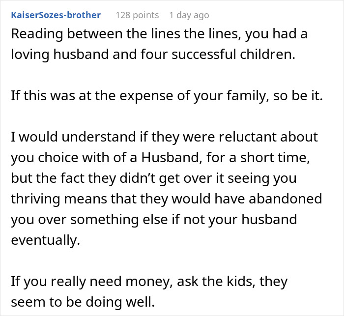 Reddit comment discussing family rejection and financial struggles after marrying a mechanic while siblings thrive.