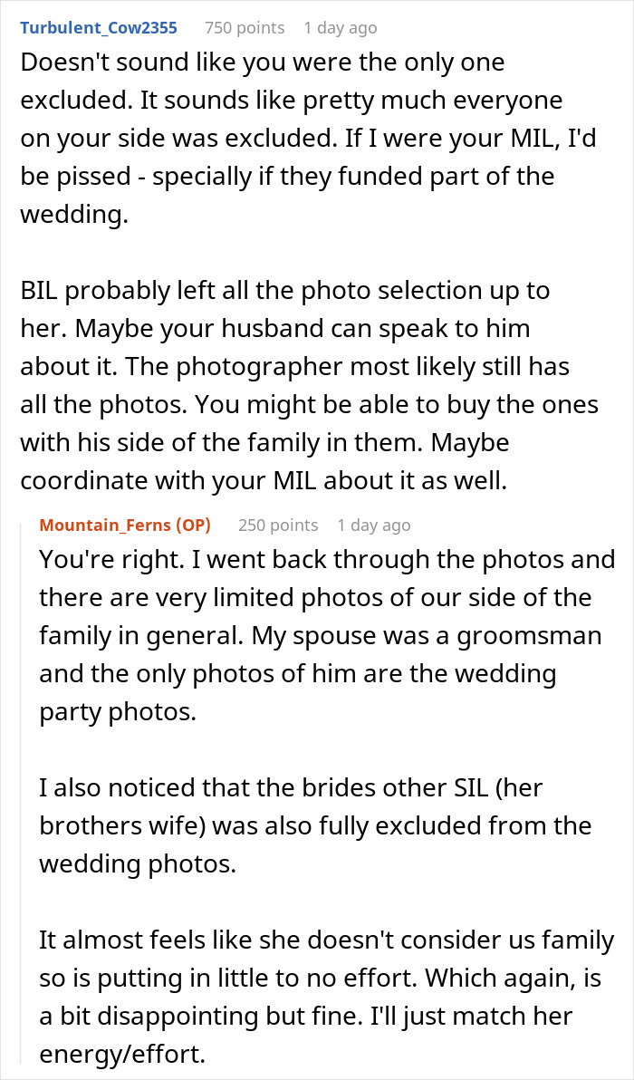 Screenshot of a Reddit discussion about bride excluding sister-in-law from wedding photos causing family drama. Screenshot of a Reddit discussion about bride excluding sister-in-law from wedding photos causing family drama.