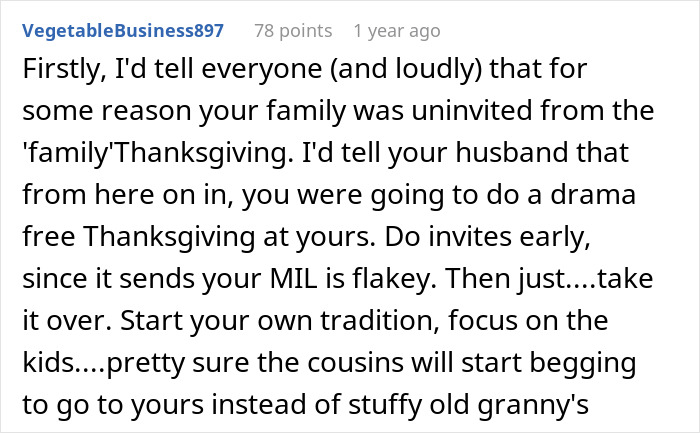 Screenshot of a Reddit comment discussing a woman refusing to attend MIL&rsquo;s Thanksgiving after being reinvited due to guests flaking.