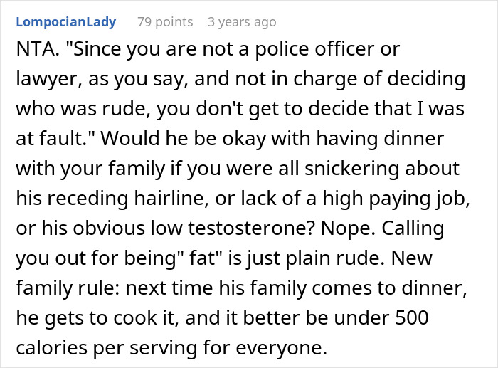 Screenshot of an online comment discussing a man calling his daughter-in-law fat while her husband laughs and defends him. Screenshot of an online comment discussing a man calling his daughter-in-law fat while her husband laughs and defends him.