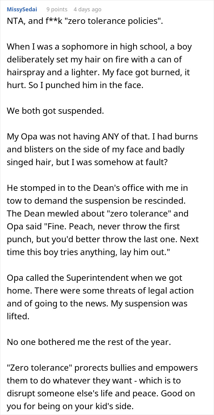 Comment discussing a dad taking son out after he punches a bully, highlighting support against zero tolerance policies.