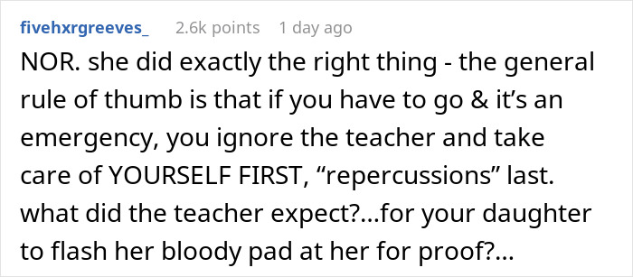 Screenshot of a forum comment discussing a mom’s rage after a teacher ignored her daughter’s emergency situation. Screenshot of a forum comment discussing a mom’s rage after a teacher ignored her daughter’s emergency situation.