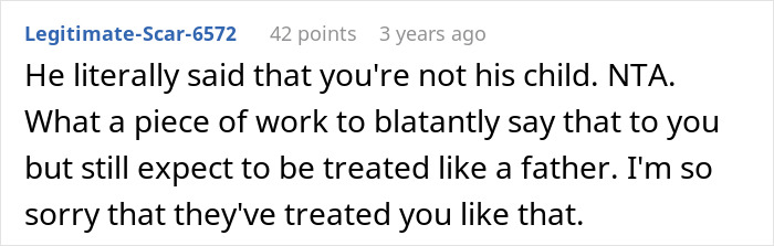 Screenshot of a Reddit comment discussing a teen calling out stepdad for ignoring him and family tension. Screenshot of a Reddit comment discussing a teen calling out stepdad for ignoring him and family tension.