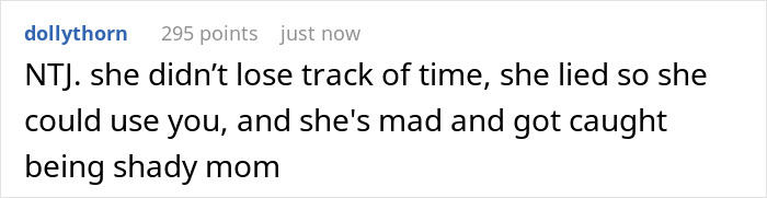 Screenshot of a social media comment discussing a mom who ghosts her friend after asking to babysit for 20 minutes.