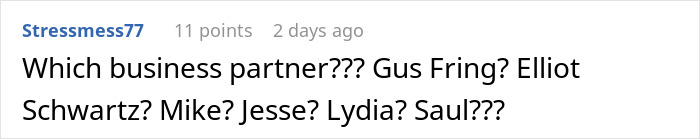 Comment text from user Stressmess77 questioning identity of a business partner with names listed, related to woman demands swimmer boyfriend topic. Comment text from user Stressmess77 questioning identity of a business partner with names listed, related to woman demands swimmer boyfriend topic.