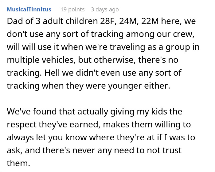 Comment about dad upset 27YO son won&rsquo;t let him track his car with an AirTag for safety on a forum page.