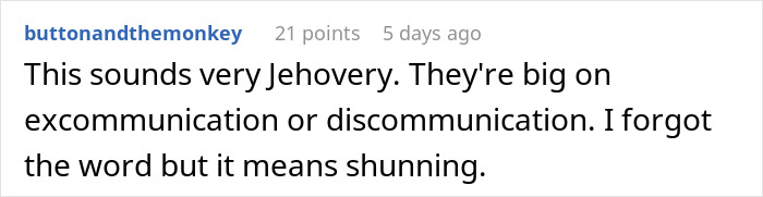 Screenshot of a social media comment discussing excommunication with reference to shunning and related beliefs. Screenshot of a social media comment discussing excommunication with reference to shunning and related beliefs.