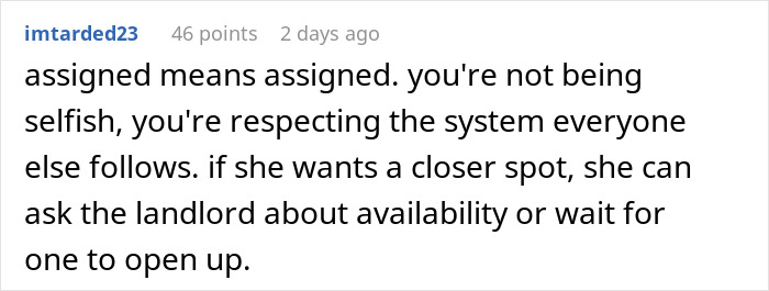 Comment text on a social platform discussing respect for assigned parking spots and landlord approval for changes. Comment text on a social platform discussing respect for assigned parking spots and landlord approval for changes.