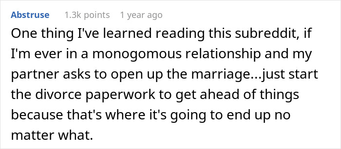 Comment text discussing advice on opening a marriage and the likely outcome of divorce in monogamous relationships. Comment text discussing advice on opening a marriage and the likely outcome of divorce in monogamous relationships.