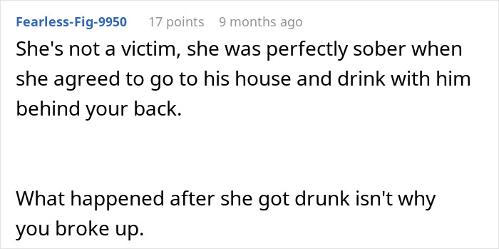 Text conversation about a female friend drinking with a male bestie and relationship breakup discussion.