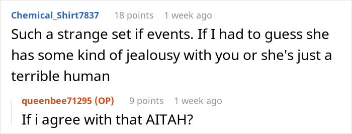 Screenshot of a social media conversation discussing a woman banning her best friend&rsquo;s baby and husband from her engagement party.