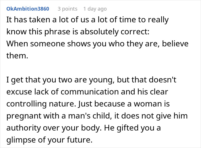 Comment discussing a man showing his true colors after wrongly assuming fianc&eacute;e is pregnant, causing shock and humiliation.