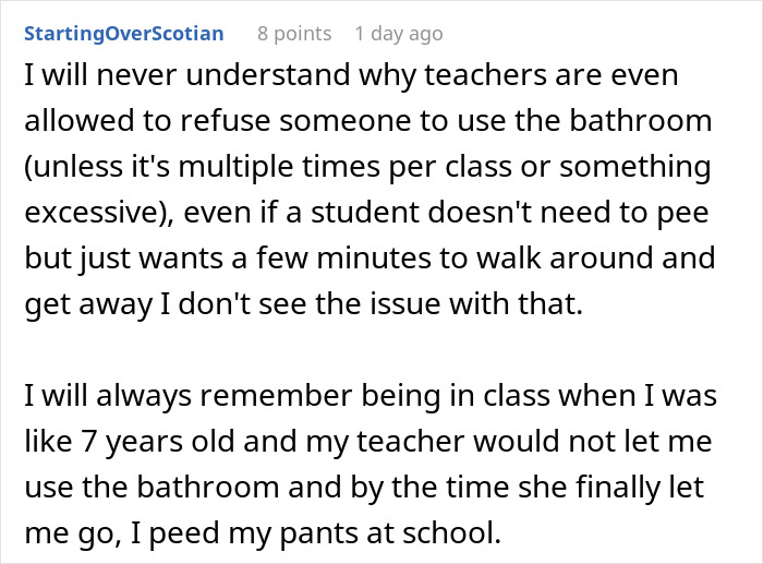 Screenshot of a Reddit comment discussing frustration with teachers refusing bathroom breaks for students.