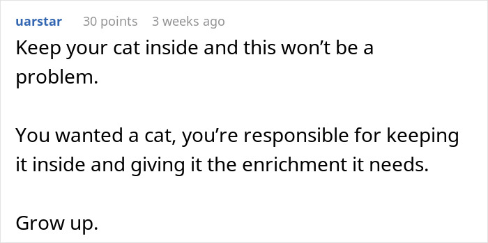 Comment about keeping a cat inside to prevent it from disappearing, emphasizing owner responsibility and enrichment needs.