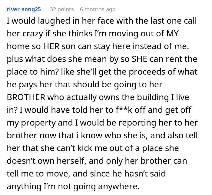 Comment discussing entitled sister harassing brother’s tenant, highlighting family boundaries and tenant property rights. Comment discussing entitled sister harassing brother’s tenant, highlighting family boundaries and tenant property rights.