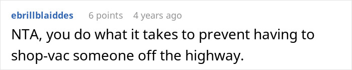 Screenshot of a forum comment about a woman refusing to drive until all friends buckle seat belts on a road trip.