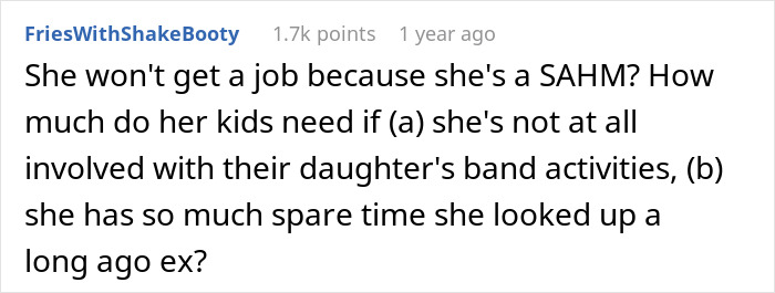 Screenshot of a Reddit comment discussing a wife making her husband agree to an open marriage to reconnect with her ex. Screenshot of a Reddit comment discussing a wife making her husband agree to an open marriage to reconnect with her ex.