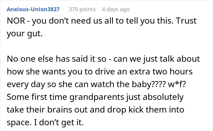 Online comment expressing distrust in grandparents' ability to prioritize grandchild safety during babysitting. Online comment expressing distrust in grandparents' ability to prioritize grandchild safety during babysitting.