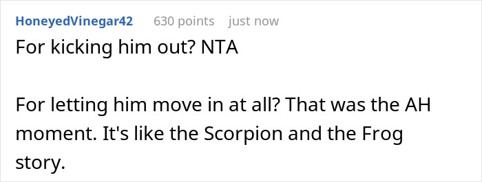Screenshot of a Reddit comment discussing a man mistreating his sister-in-law and being kicked out for entitled behavior.