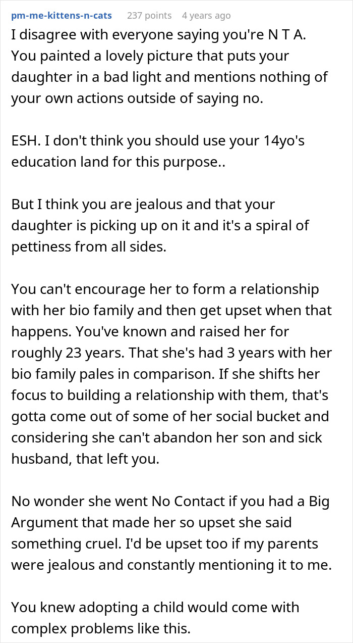 Reddit screenshot of a comment about a selfish lady ignoring her adopted family while bonding with her bio family