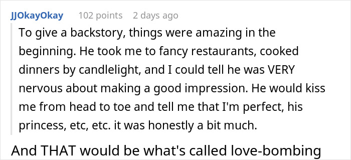 Screenshot of a Reddit comment describing a boyfriend who fears golddiggers but trusts if she cooks, sharing a personal backstory. Screenshot of a Reddit comment describing a boyfriend who fears golddiggers but trusts if she cooks, sharing a personal backstory.