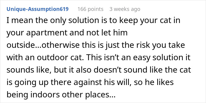 User comment about keeping an outdoor cat indoors to prevent it from disappearing and being adopted by a neighbor.