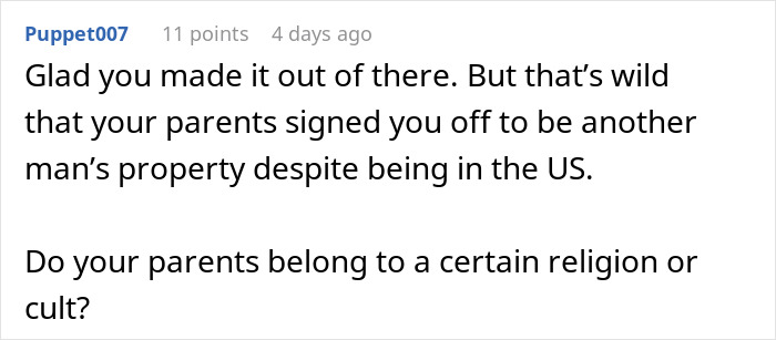 Screenshot of an online comment discussing a teen forced to marry a 32-year-old and her plan to make him divorce her.