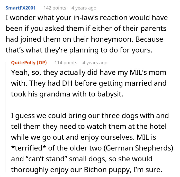 Husband's parents surprising couple by planning to join honeymoon, causing mixed feelings and concerns about pets and privacy.