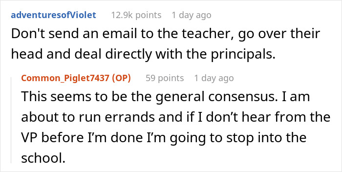 Reddit comments showing a mom discussing frustration with a teacher ignoring her daughter’s emergency at school.