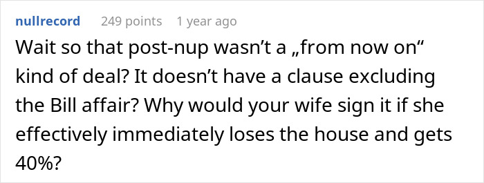 Screenshot of a forum comment discussing a post-nup deal and the implications of a wife’s cheating affecting property division.