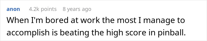 Screenshot of a forum comment about being bored at work and beating the high score in pinball, scammer and hotel receptionist context. Screenshot of a forum comment about being bored at work and beating the high score in pinball, scammer and hotel receptionist context.