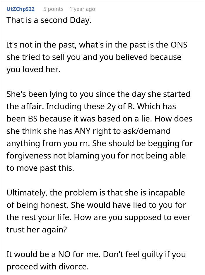 Comment discussing a man discovering his wife’s cheating and the impact on trust after two years.