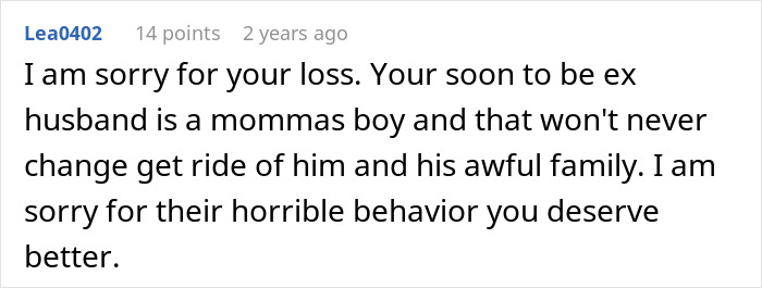 Screenshot of an online comment expressing sympathy for a wife dealing with husband and in-laws rudeness. Screenshot of an online comment expressing sympathy for a wife dealing with husband and in-laws rudeness.