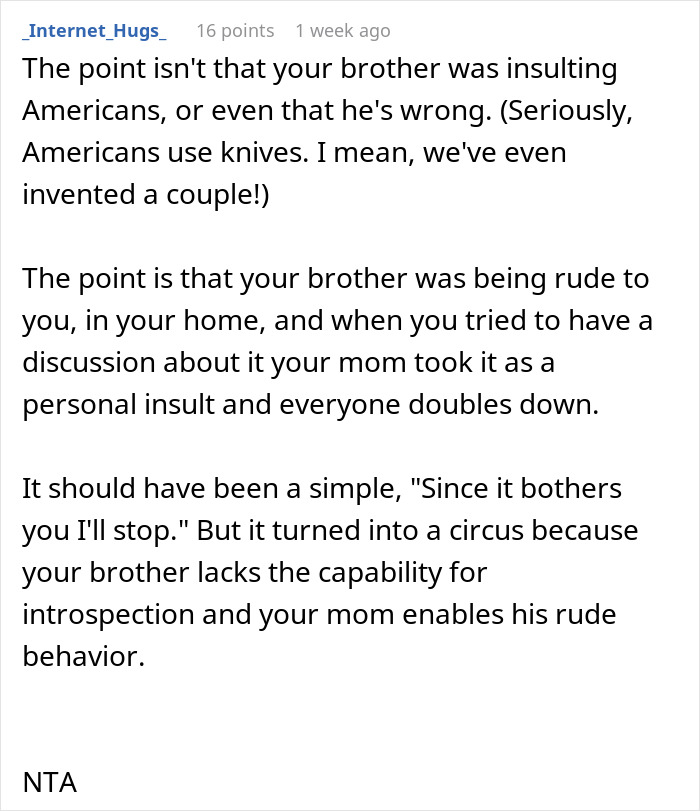 Text excerpt discussing a woman appalled by her mom who enables chauvinist brother and family drama ensues.