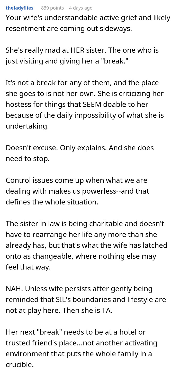 Screenshot of a Reddit comment discussing a woman complaining about her sister in law while staying for free, causing hubby annoyance.