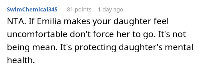 Reddit comment advising not to make daughter attend birthday if uncomfortable, protecting daughter's mental health Reddit comment advising not to make daughter attend birthday if uncomfortable, protecting daughter's mental health