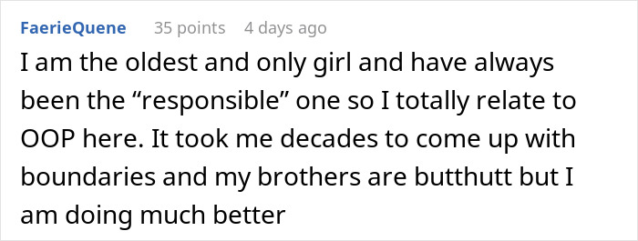 Alt text: Online comment about siblings and responsibility related to bros too broke to pitch in for mom’s birthday gift. Alt text: Online comment about siblings and responsibility related to bros too broke to pitch in for mom’s birthday gift.