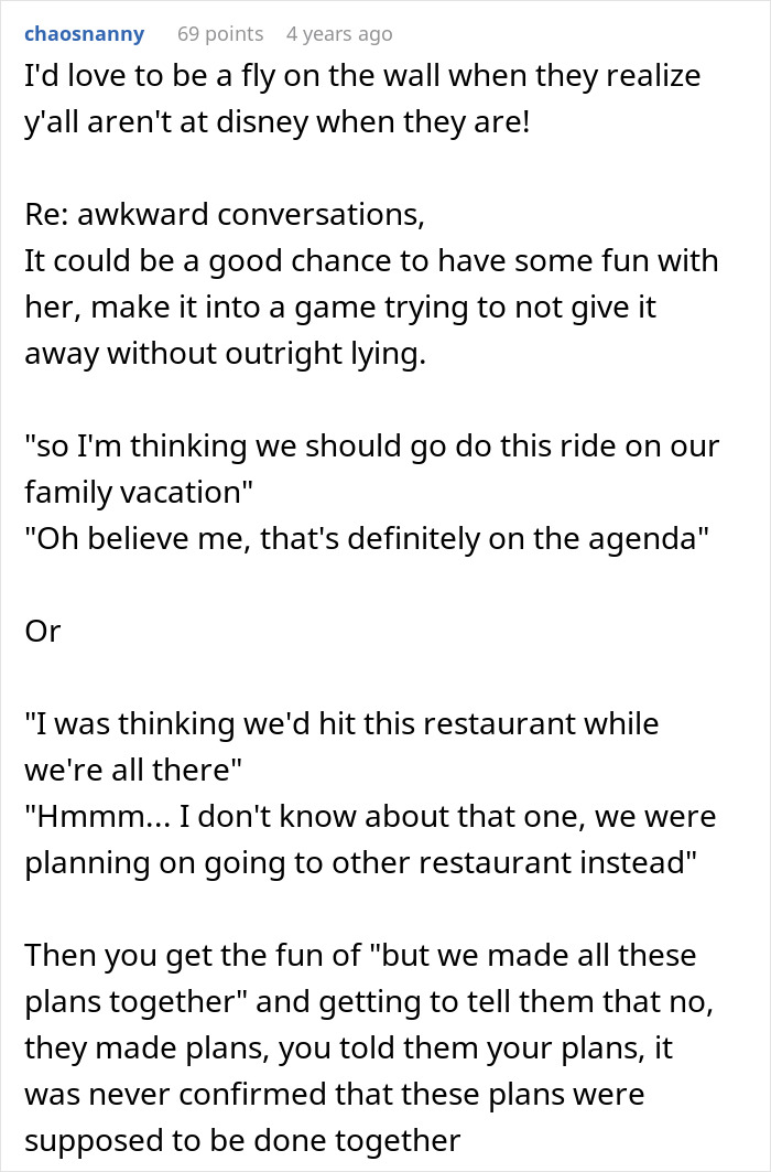 Comment suggesting fun ways to handle awkward conversations when husband parents coming honeymoon surprise is revealed.