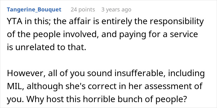 Screenshot of a forum comment discussing MIL paying a wedding planner who slept with her dad amid family conflict. Screenshot of a forum comment discussing MIL paying a wedding planner who slept with her dad amid family conflict.