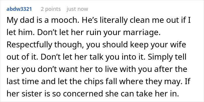 Comment discussing adult son refusing religious mom moving in, addressing guilt trips and family boundaries in a home setting.