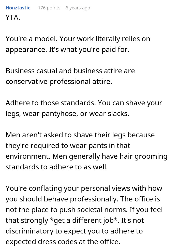 Comment discussing refuse shaving legs work, emphasizing professional appearance and adhering to office dress codes. Comment discussing refuse shaving legs work, emphasizing professional appearance and adhering to office dress codes.