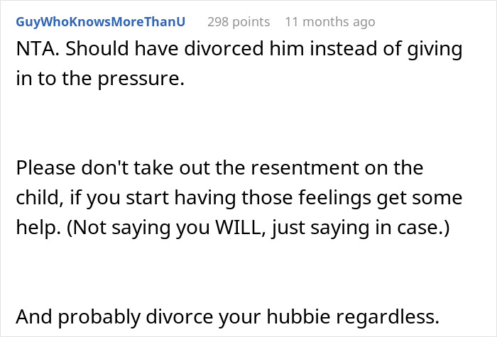 Screenshot of a Reddit comment advising not to take resentment out on a child, mentioning resent my husband