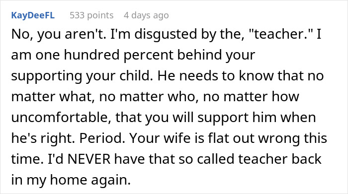 Comment expressing strong support for a kid who corrected a teacher, highlighting parental defense and respect for the child&rsquo;s knowledge.
