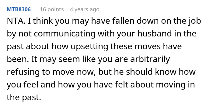 Screenshot of a forum comment discussing a woman refusing to move again after decades relocating for husband’s career. Screenshot of a forum comment discussing a woman refusing to move again after decades relocating for husband’s career.