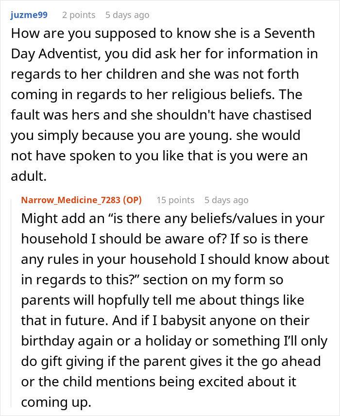 Text conversation about babysitting boundaries and gift giving, highlighting babysitter gives birthday gift mother furious concerns.