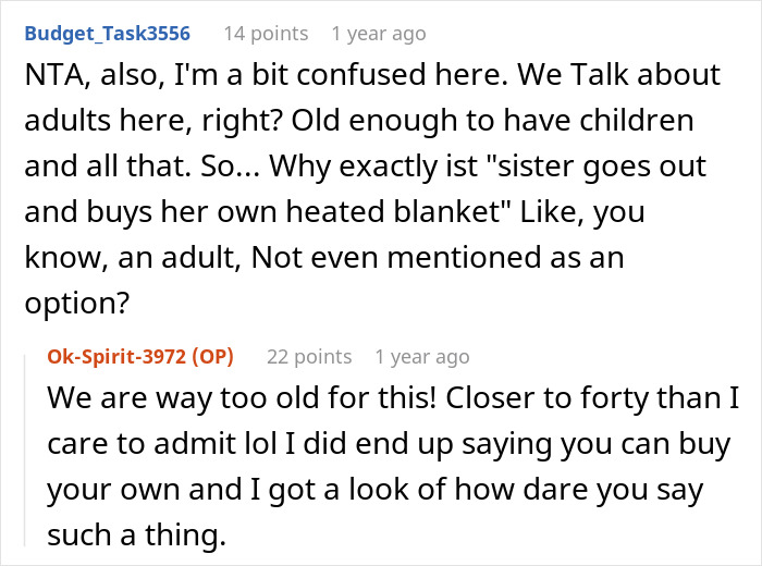 Reddit comment thread discussing a heated blanket dispute between siblings, users argue over who should buy or keep it Reddit comment thread discussing a heated blanket dispute between siblings, users argue over who should buy or keep it