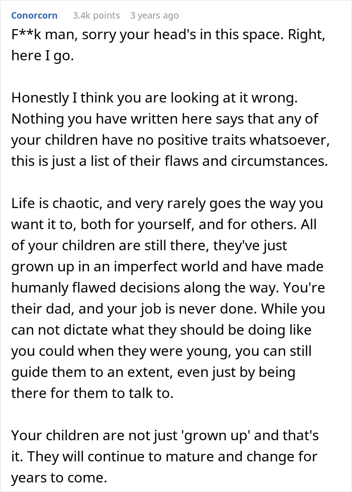 Comment discussing a dad claiming he did everything for his children but views all 5 as failures, reflecting on parenting challenges.