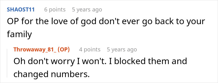 Reddit conversation where user warns against returning to family after arranged marriage proposal shock in India.