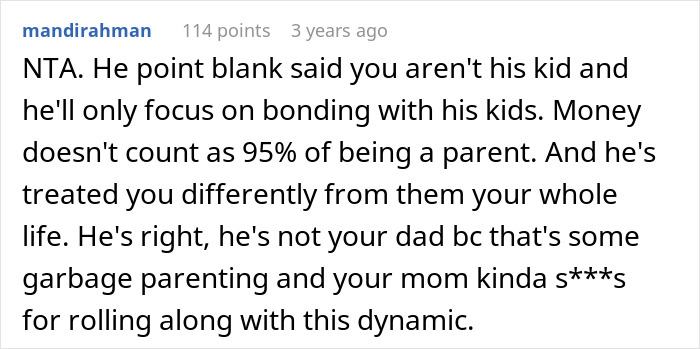 Comment discussing a teen calling out stepdad for ignoring him and mom claiming he’s 95% dad. Comment discussing a teen calling out stepdad for ignoring him and mom claiming he’s 95% dad.