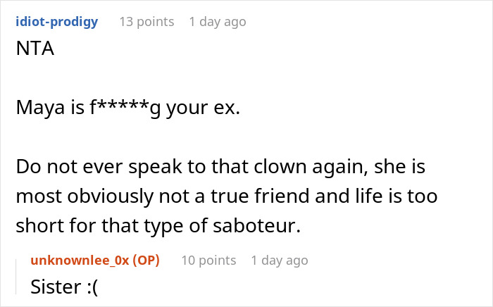Comment section discussing woman blasted for skipping birthday party her sister organized due to ex being invited. Comment section discussing woman blasted for skipping birthday party her sister organized due to ex being invited.